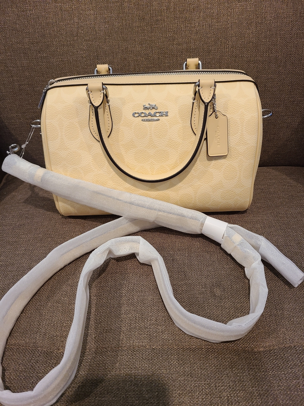 Coach Rowan Satchel Bag In Signature Canvas- Silver/Hay medium size (cv961)